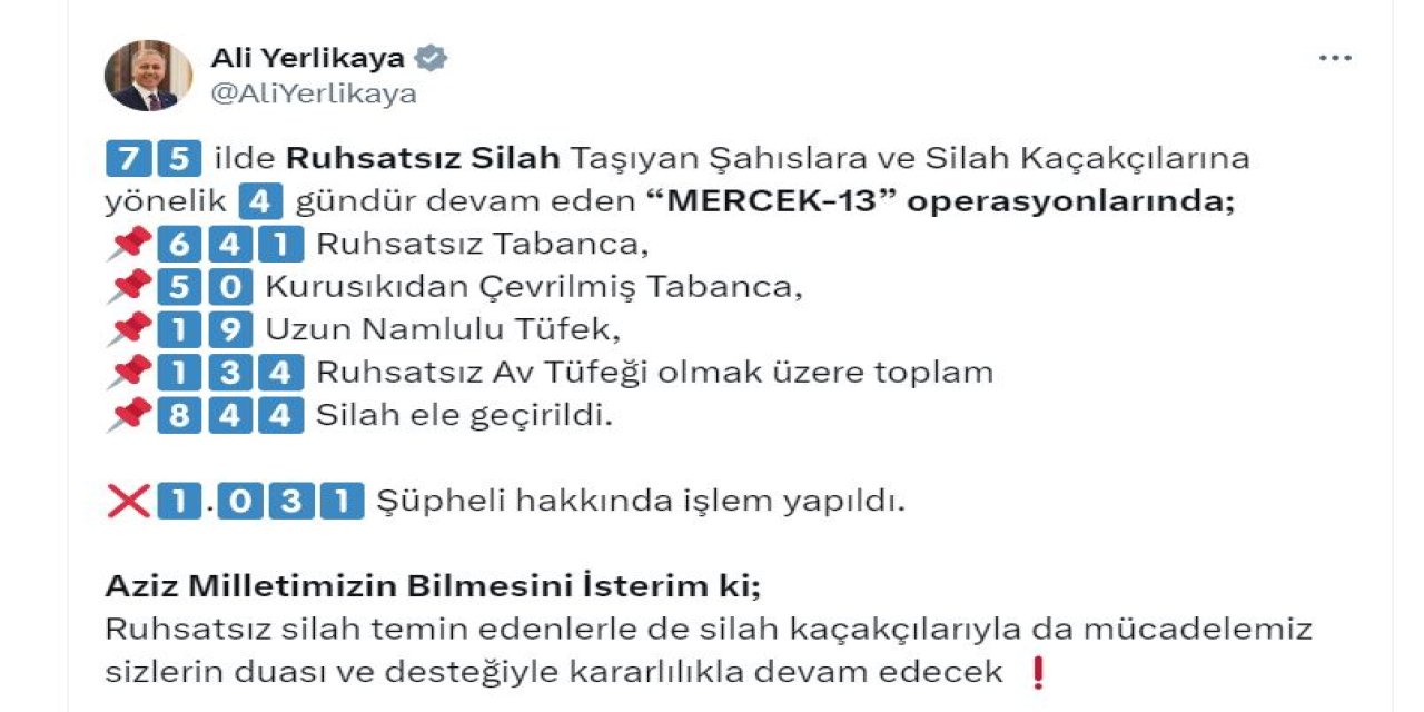 75 İlde Silah Kaçakçılarına Yönelik 'Mercek-13' Operasyonu: 1031 Gözaltı