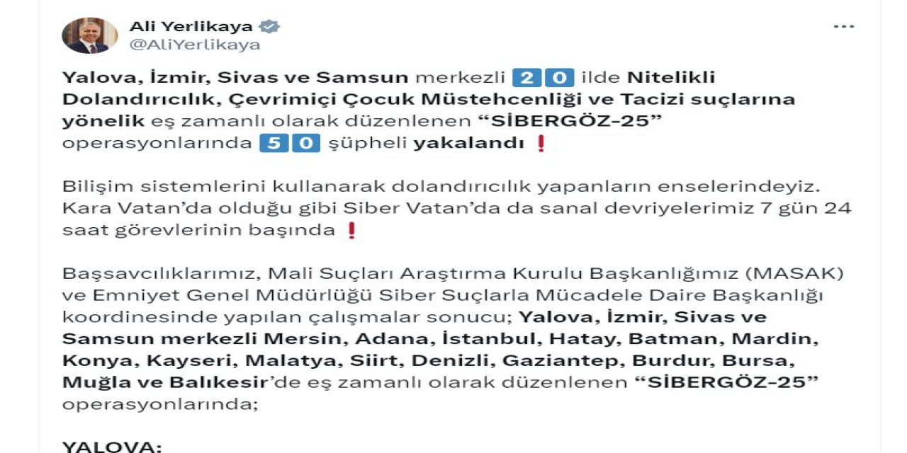 20 İlde 'Sibergöz-25' Operasyonu: 50 Gözaltı