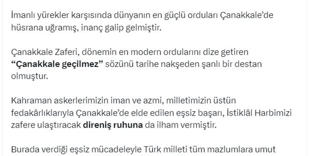 Cumhurbaşkanı Erdoğan: Her Vatan Evladının, Çanakkale'deki Çetin Mücadeleden Alacağı İbretler Vardır