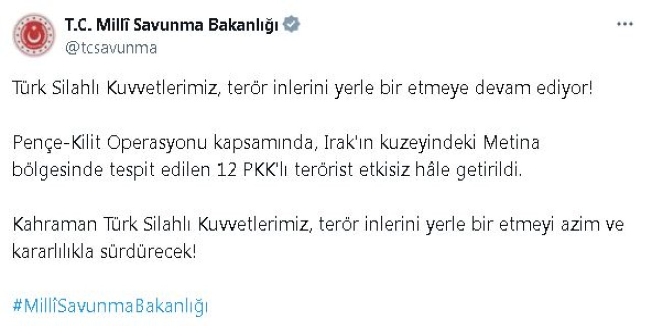 Msb: Irak'ın Kuzeyinde 12 Terörist Etkisiz Hale Getirildi
