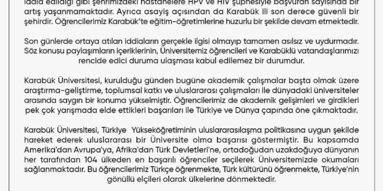 Karabük Üniversitesi Rektörlüğü’nden Hıv Paylaşımlarıyla İlgili Açıklama: Hukuki Süreç Başlatıldı