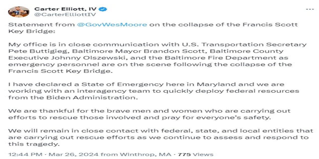 Maryland Valisi, Köprünün Çökmesi Sonrasında Olağanüstü Hal İlan Etti