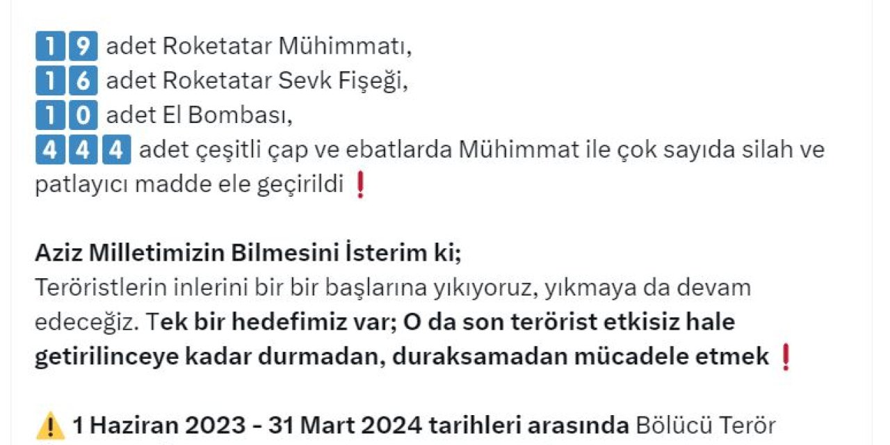Bakan Yerlikaya: 22 Mağara, Sığınak Ve Barınma Alanı İmha Edildi