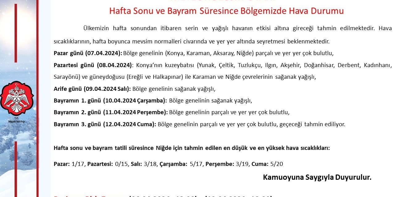 Niğde’de bayramda hava serin olacak