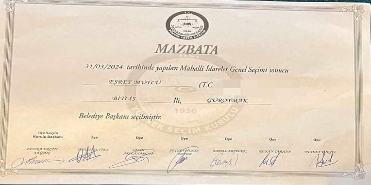 Güroymak Belediye Başkanı Seçilen Eşref Mutlu Mazbatasını Aldı
