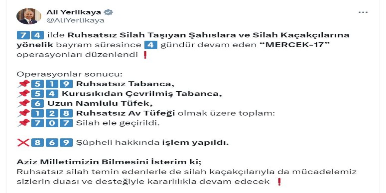 74 İlde 'Mercek-17' Operasyonu; 707 Silah Ele Geçirildi, 869 Şüpheliye İşlem