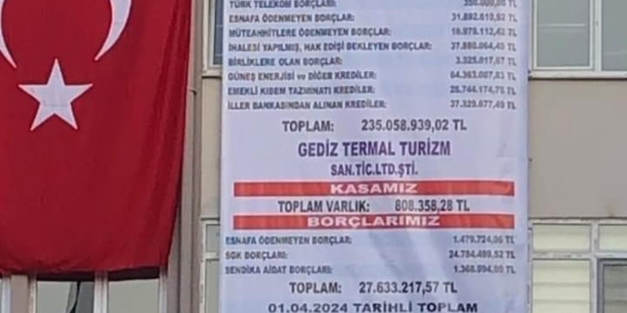 Gediz Belediyesinin Güncel Borcu Belediye Binasına Asıldı