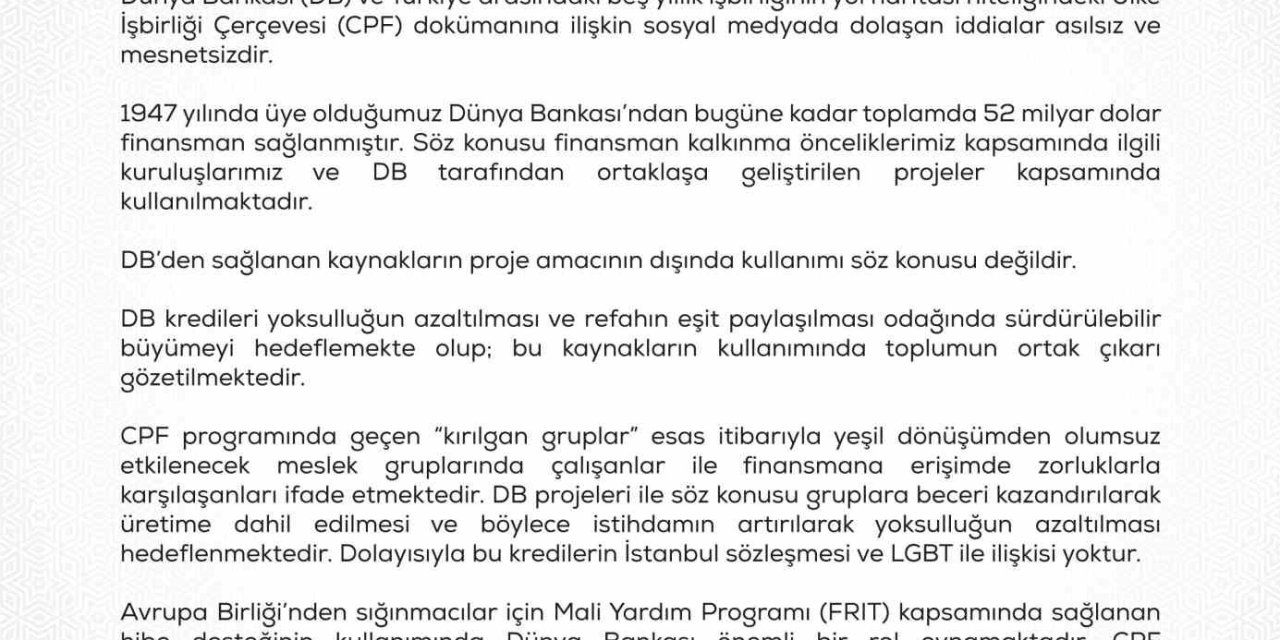 Hazine Ve Maliye Bakanlığından Dünya Bankasından Alınan Kaynaklara İlişkin Açıklama