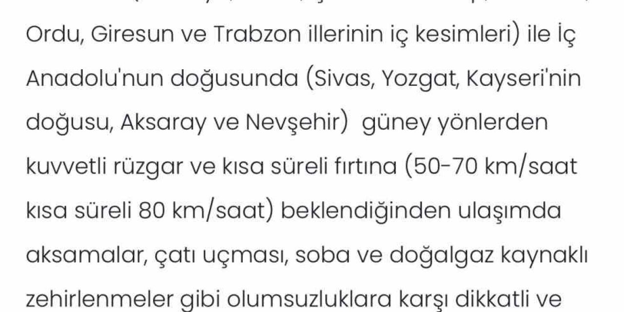 Orta Ve Doğu Karadeniz’in İç Kesimleri İçin Fırtına Uyarısı