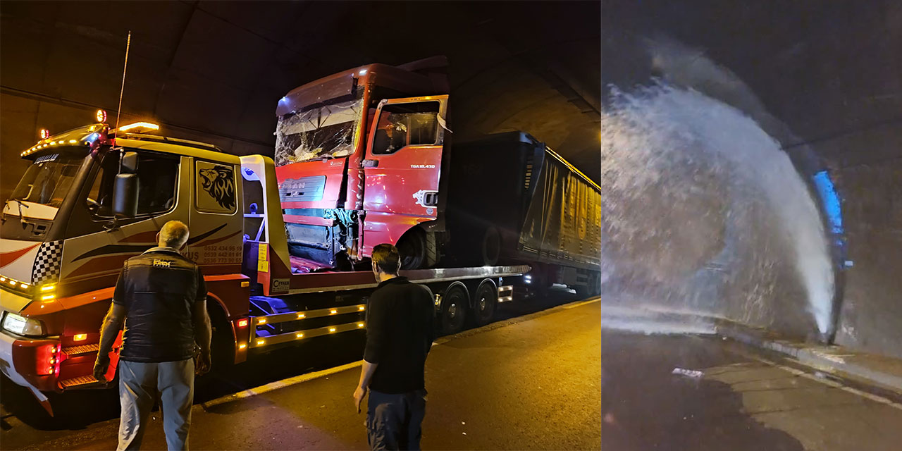 TIR, tünelde yangın musluğuna çarptı; fışkıran su yola aktı