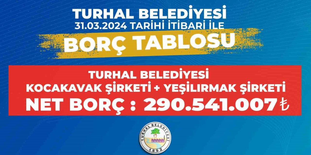 Turhal Belediyesi Şeffaflık Vurgusuyla Borç Çizelgelerini Paylaştı