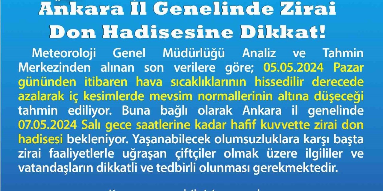 Ankara Valiliği’nden Zirai Don Uyarısı