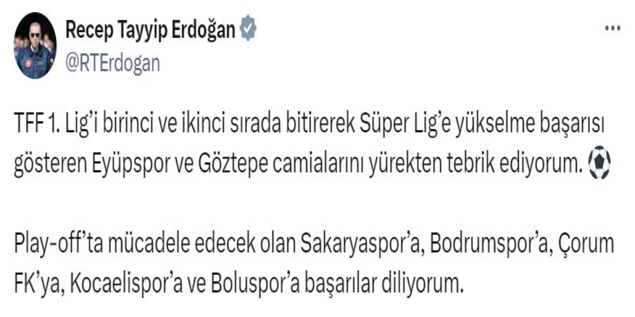 Cumhurbaşkanı Erdoğan’dan Tff 1. Lig’e Yükselen Takımlara Tebrik