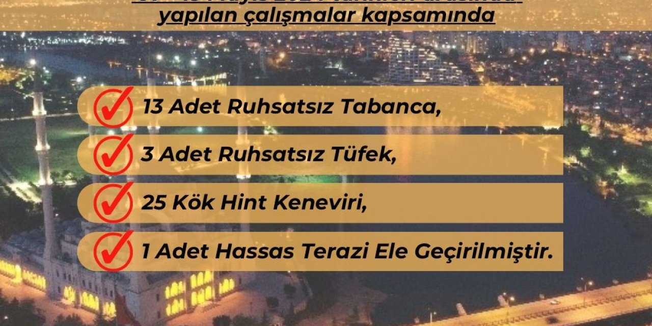 Adana’da 16 Ruhsatsız Silah, 25 Hint Keneviri Ele Geçirildi