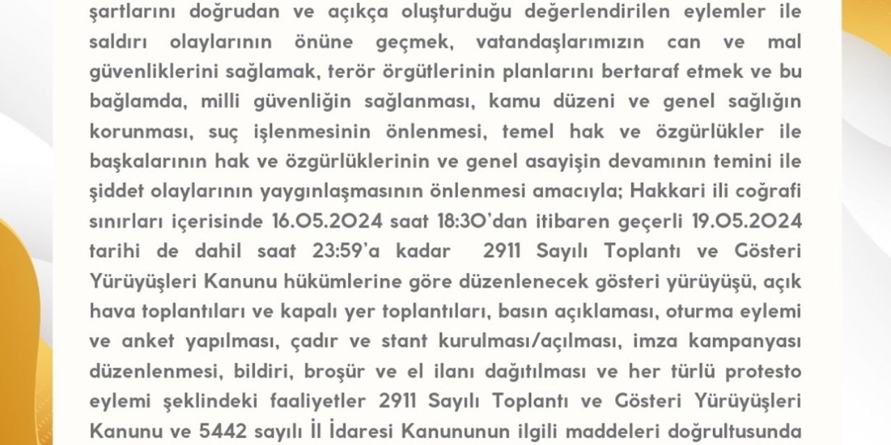 Hakkari Valiliğinden Yasaklama Kararı