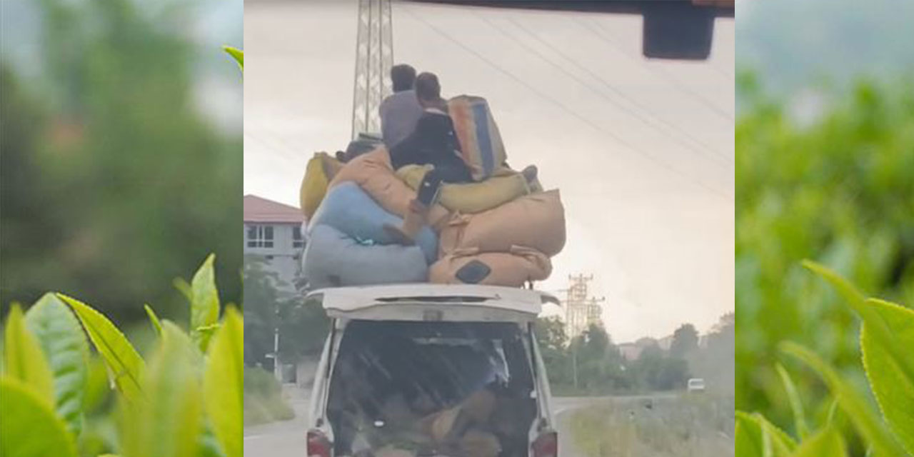 Çay yüklü aracın üzerinde tehlikeli yolculuk cep telefonu kamerasına yansıdı