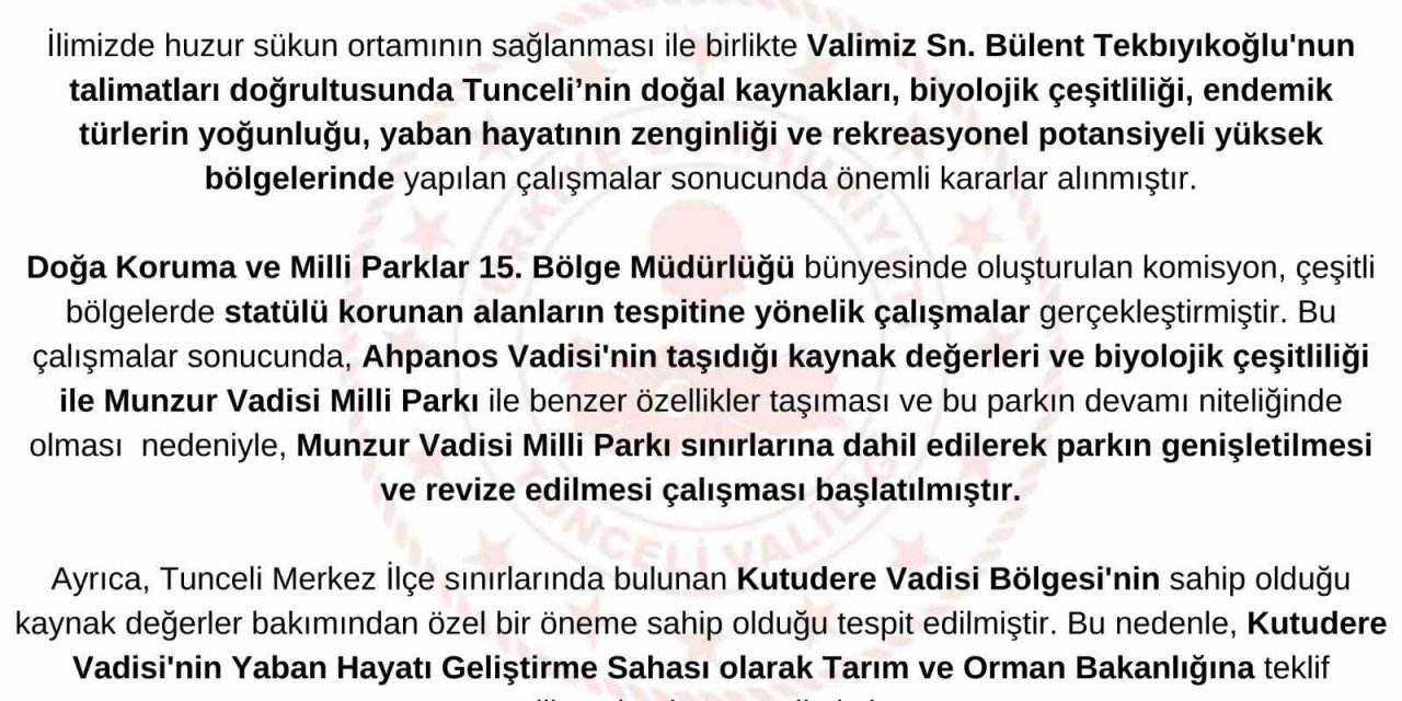 Ahpanos Vadisi, Munzur Vadisi Milli Parkı Sınırlarına Dahil Edildi