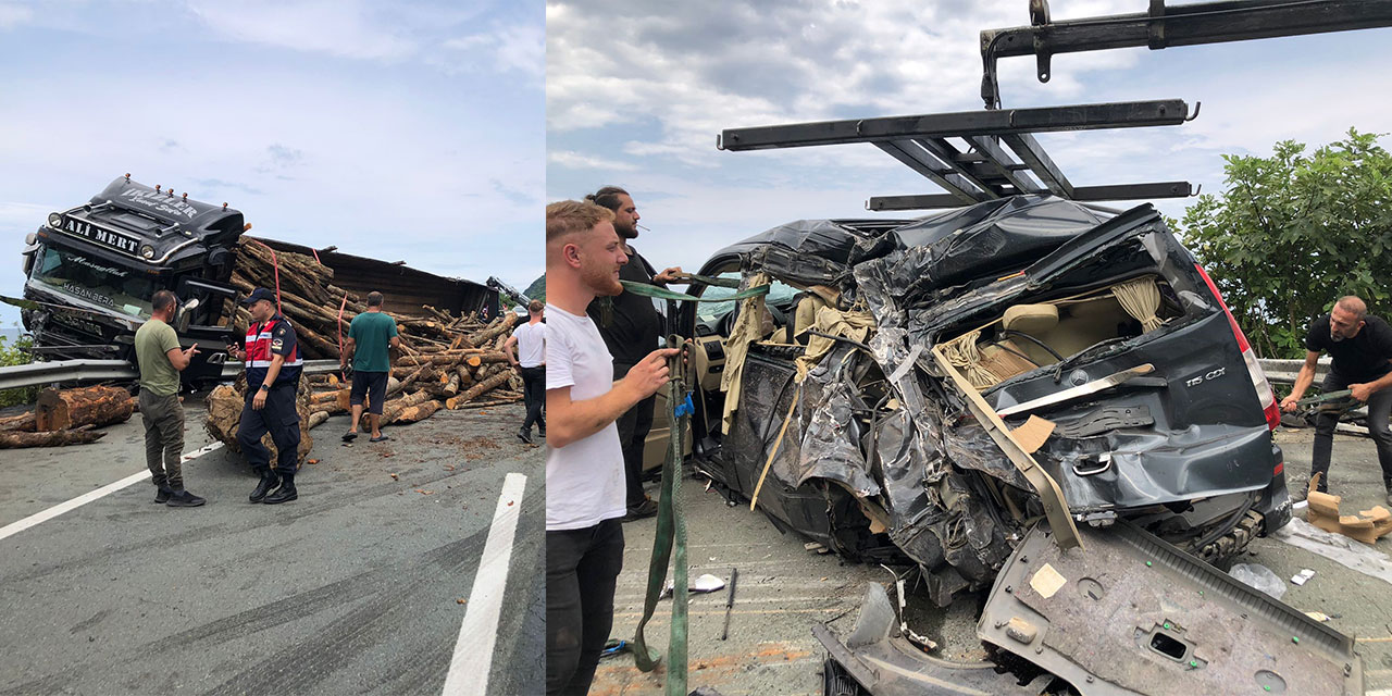 Rize’de minibüsle çarpışan odun yüklü tır yola devrildi 2 yaralı