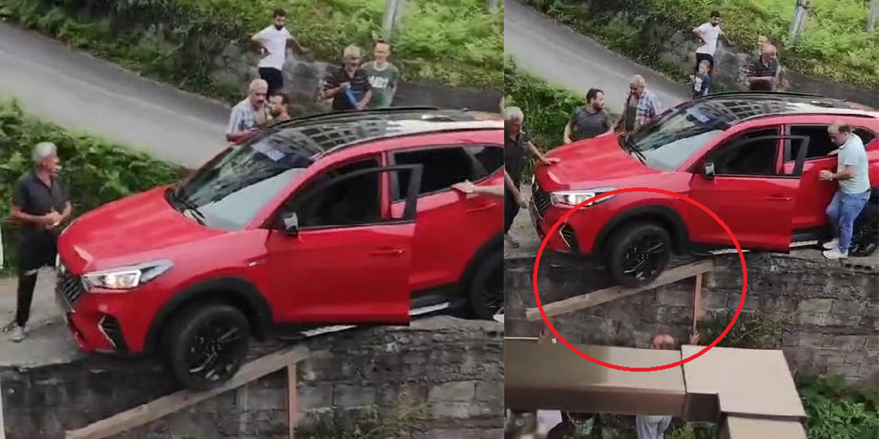 Rize'de bahçe duvarında tekeri boşa çıkan cipe ‘kalaslı’ kurtarma