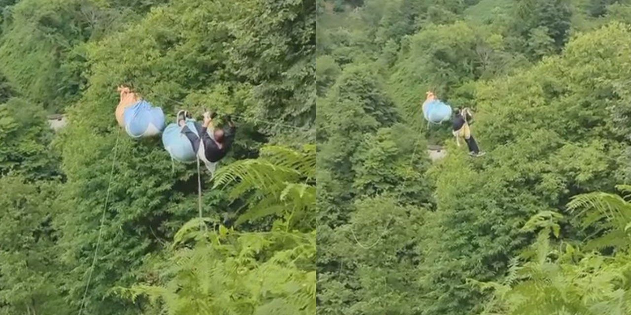 Rize'de arızalanan teleferikte asılı kalan yaş çaylar için hayatlarını riske attılar