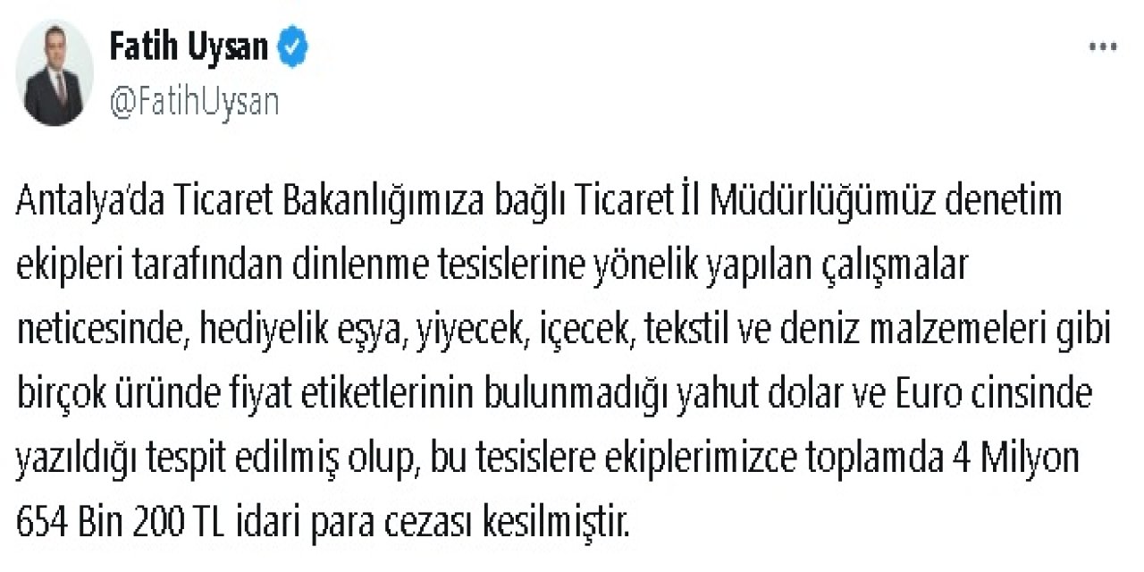Ticaret Bakanlığı'ndan Dinlenme Tesislerine 'Etiket' Denetimi; 4,5 Milyon Tl Ceza Kesildi