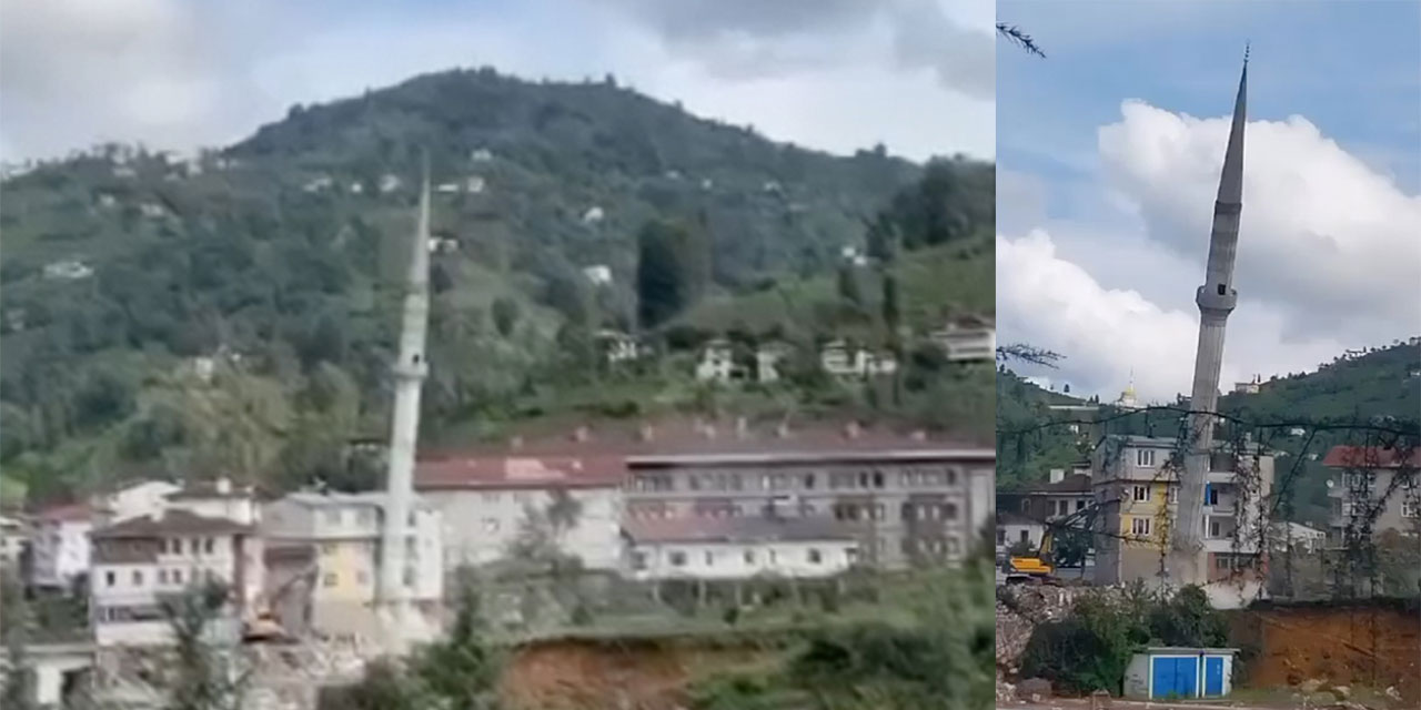 Rize’de minarenin kontrollü yıkımı kamerada
