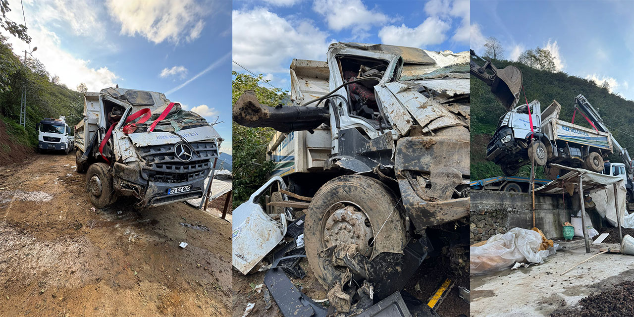 Trabzon’da Sel Temizleme Çalışmalarına Katılan Rize Belediyesi Kamyonu Şarampole Yuvarlandı