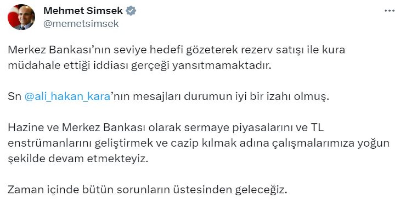 Bakan Şimşek: Merkez Bankası'nın Kura Müdahale Ettiği İddiası Gerçeği Yansıtmamaktadır