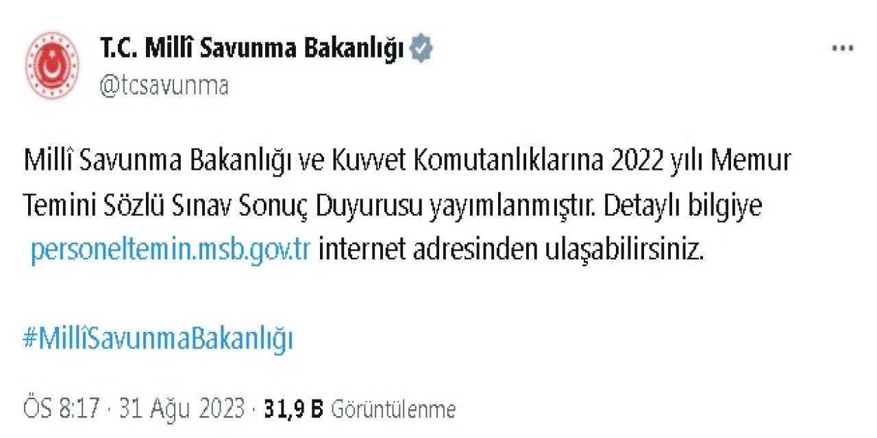 Msb Ve Kuvvet Komutanlıklarına Memur Alımına İlişkin Sözlü Sınav Sonuçları Yayımlandı