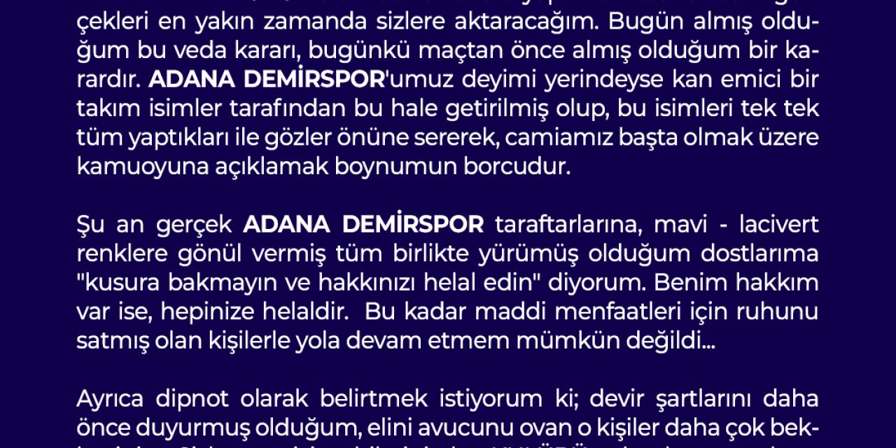 Murat Sancak Adana Demirspor Başkanlığı'ndan İstifa Etti, Yerine Bedirhan Durak Atandı