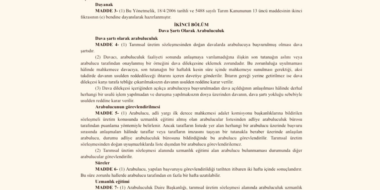 'Tarımsal Üretim Sözleşmesinden Doğan Hukuk Uyuşmazlıklarında Zorunlu Arabuluculuk Yönetmeliği' Resmi Gazete'de