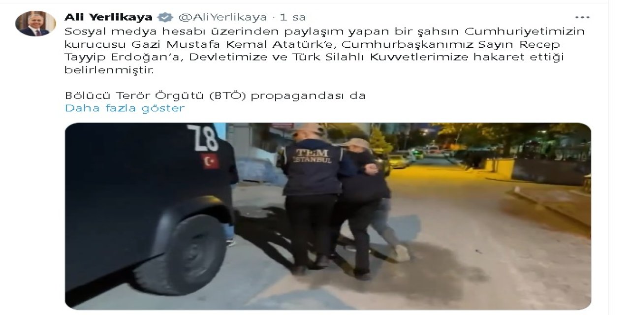 Bakan Yerlikaya: Atatürk'e, Erdoğan'a Ve Tsk'ya Hakaret Eden Şüpheli Yakalandı