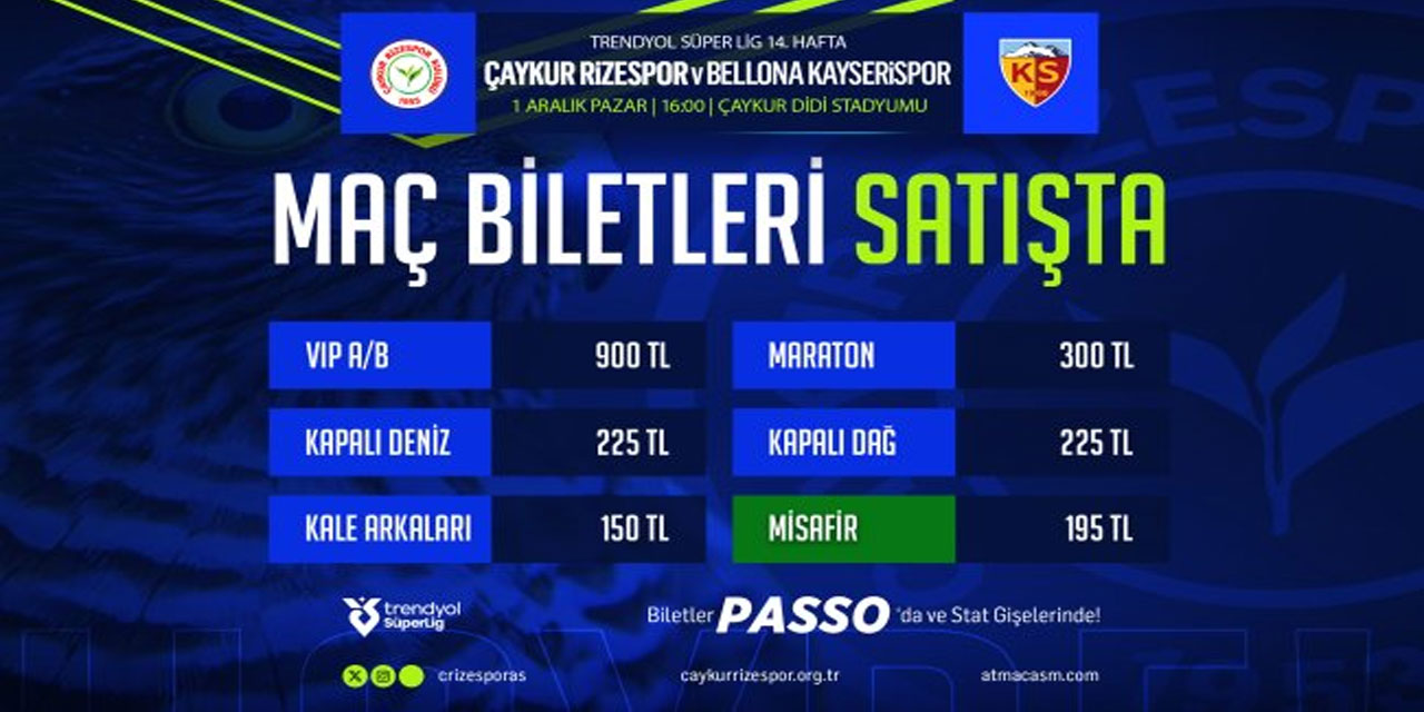 Çaykur Rizespor – Kayserispor maçının biletleri satışa çıktı