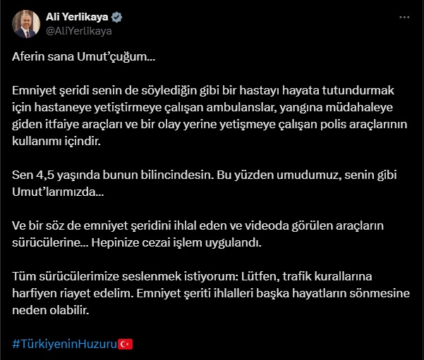 Bakan Yerlikaya'dan Küçük Çocuğa Tebrik