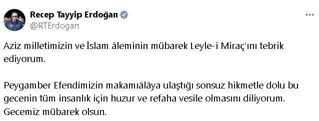 Cumhurbaşkanı Erdoğan'dan 'Miraç Kandili' Mesajı