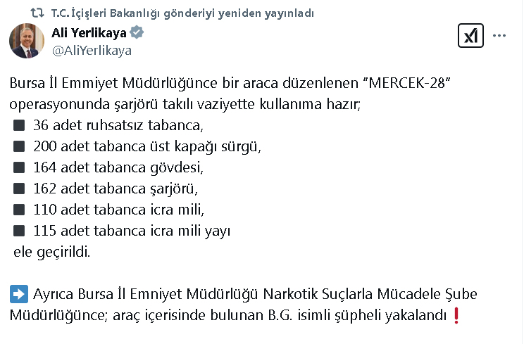 Bursa'da 36 ruhsatsız tabanca ele geçirildi; 1 gözaltı