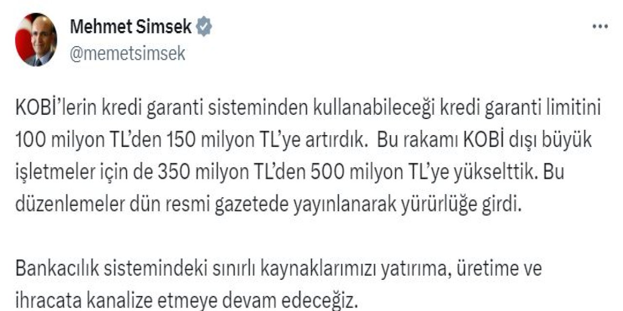 Bakan Şimşek: Kobi'lerin Kredi Garanti Limitini Artırdık