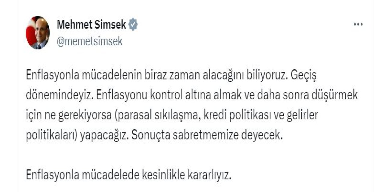 Bakan Şimşek: Enflasyonu Düşürmek İçin Ne Gerekiyorsa Yapacağız