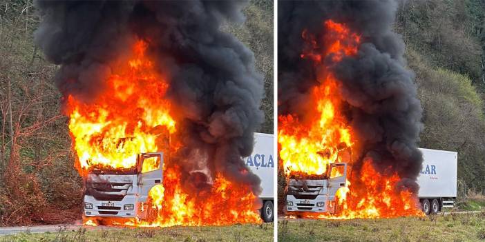 Rize'de arızalanan tır alev alev yandı