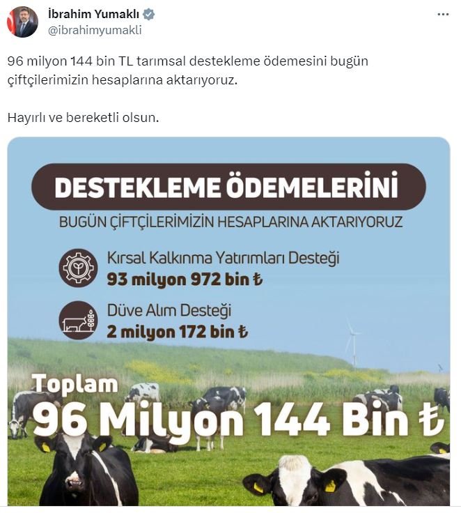 Bakan Yumaklı: 96 Milyon 144 Bin Tl Tarımsal Destekleme Ödemesi Hesaplara Aktarılıyor