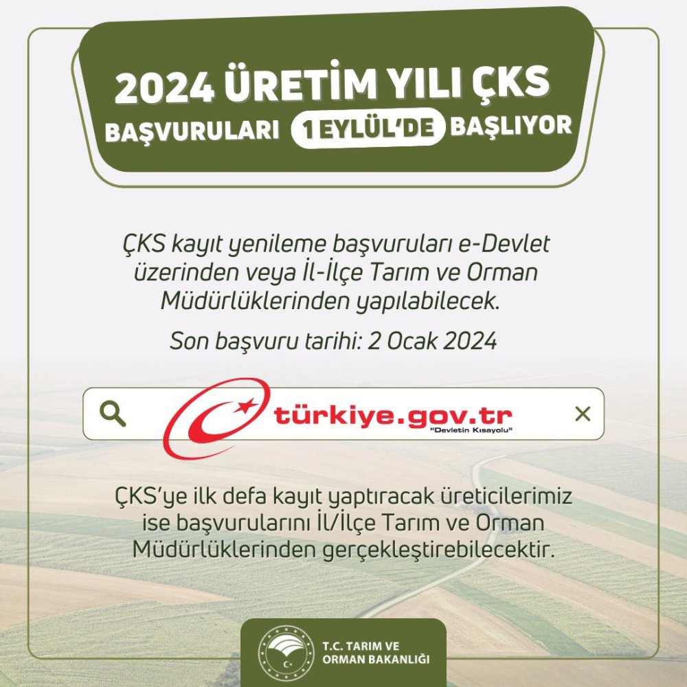 Çiftçi Kayıt Sistemi 2024 Üretim Yılı Kayıt Yenileme Başvuruları 1 Eylül'de Başlayacak