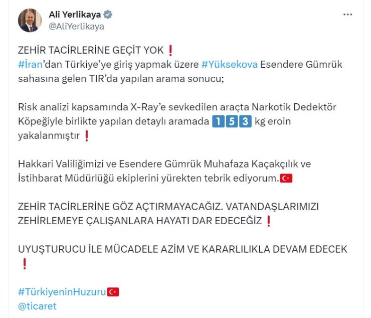 Bakan Yerlikaya: Gümrük Sahasındaki Tır'da 153 Kilo Eroin Yakalandı