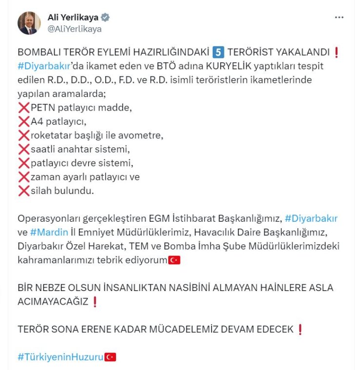 Bakan Yerlikaya: Bombalı Eylem Hazırlığındaki 5 Terörist Yakalandı