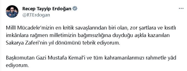 Cumhurbaşkanı Erdoğan'dan 'Sakarya Zaferi' Mesajı