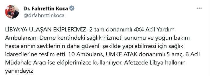 Bakan Koca: Afetzede Libya Halkının Yanındayız