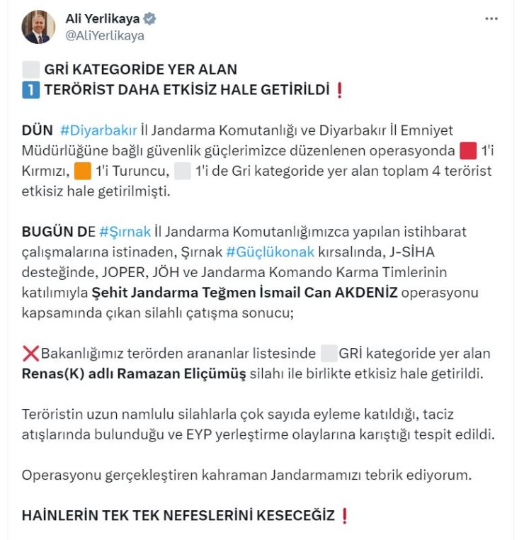 Bakan Yerlikaya: Gri Kategorideki Terörist Etkisiz Hale Getirildi