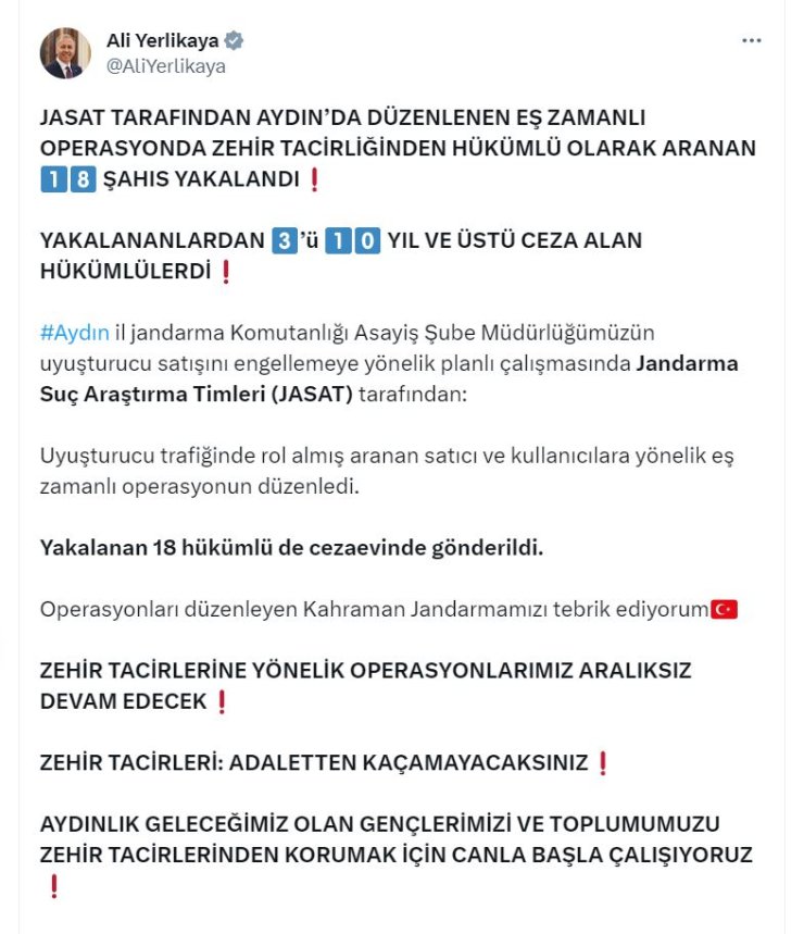 Bakan Yerlikaya: Aydın'da Uyuşturucudan Aranan 18 Hükümlü Yakalandı