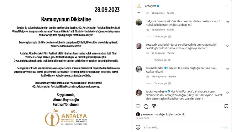 'Kanun Hükmü' Filminin Yeniden Seçkiden Çıkarılmasına Altın Portakallı Sanatçılardan Tepki