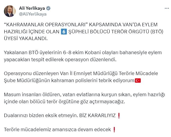 Bakan Yerlikaya: Van'da Eylem Hazırlığındaki 6 Terör Örgütü Üyesi Yakalandı
