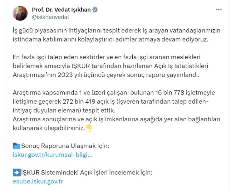 Bakan Işıkhan: 272 Bin 419 Eleman İhtiyacı Tespit Ettik